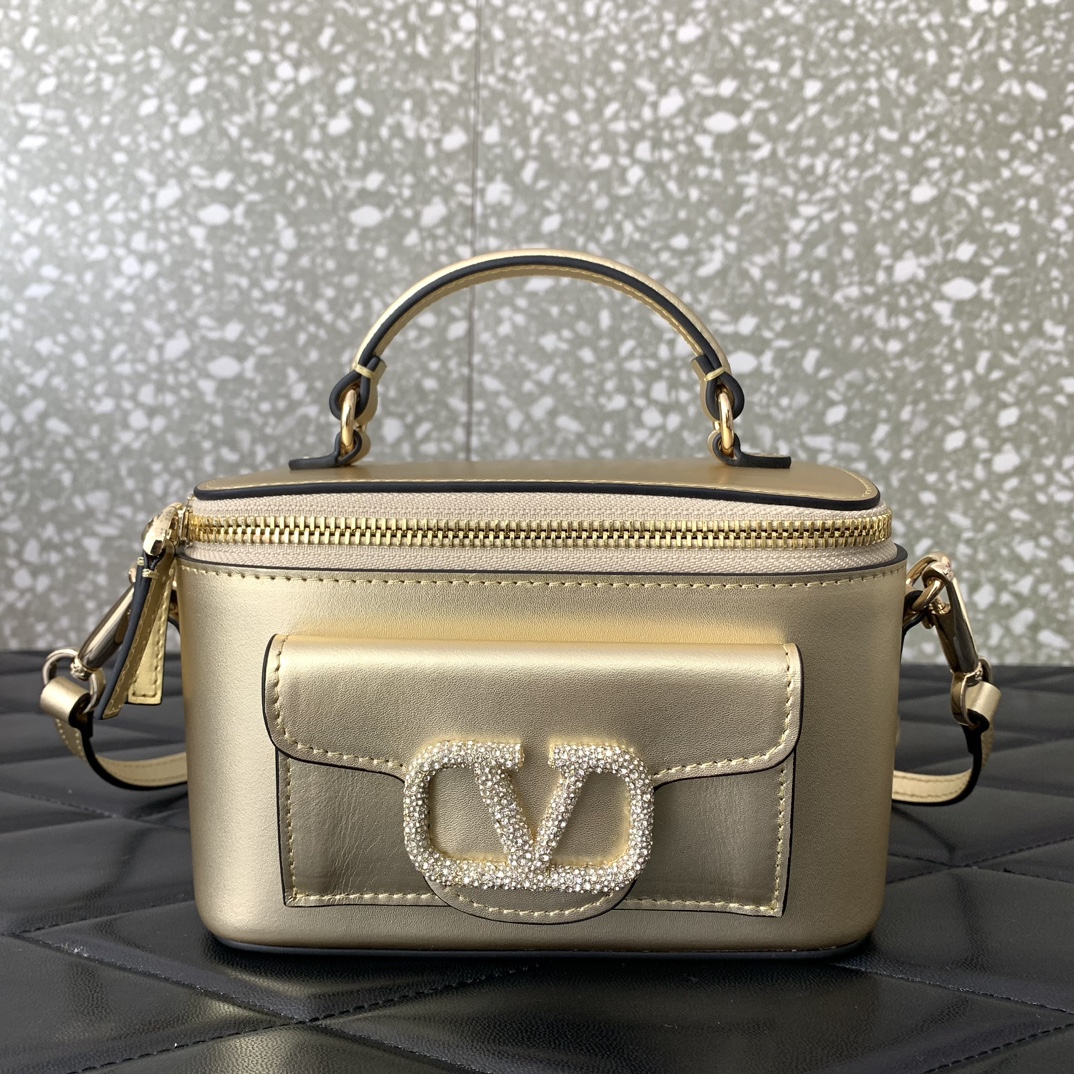 Valentino Garavani Loco Mini Box Bag in Gold Calfskin Leather